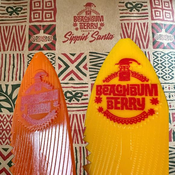 2 Beachbum Berry's Sippin Santa Tiki Swizzle Sticks Surfboard Orange and Yellow - Picture 3 of 4